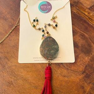 Rustic Gem NWT long stone red leather necklace